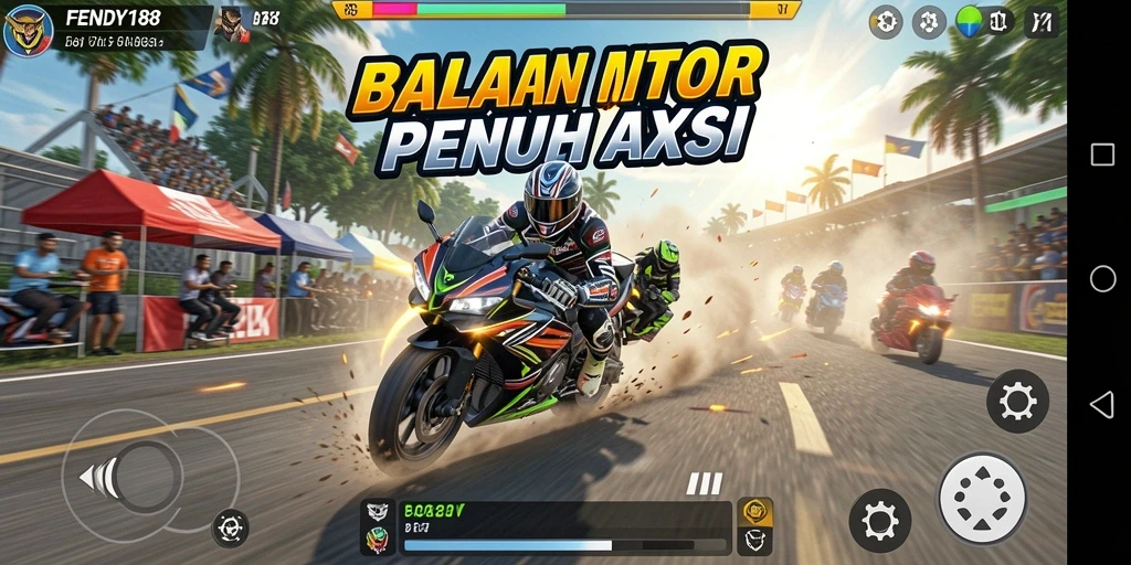 Tampilan gameplay balapan motor yang seru dan mendebarkan.