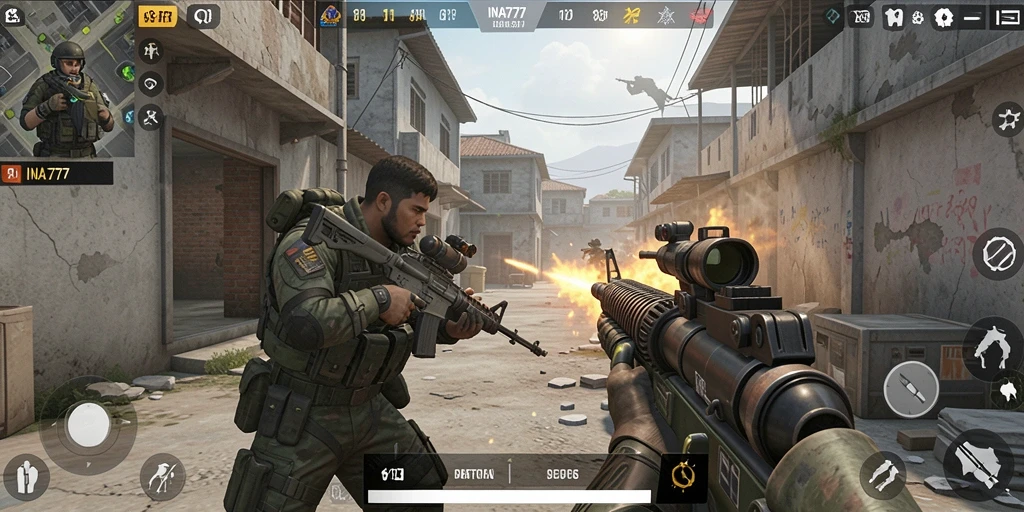 Screenshot gameplay INA777 dengan aksi tembak-menembak yang mendebarkan.