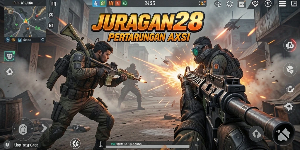 Screenshot JURAGAN28 menampilkan aksi tembak-menembak intens.
