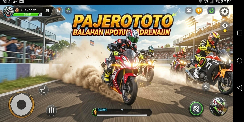 Tampilan gameplay penuh aksi dari PAJEROTOTO saat balapan motor.