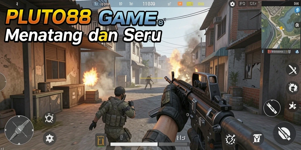 Screenshot utama PLUTO88 menampilkan aksi tembak-menembak yang intens.