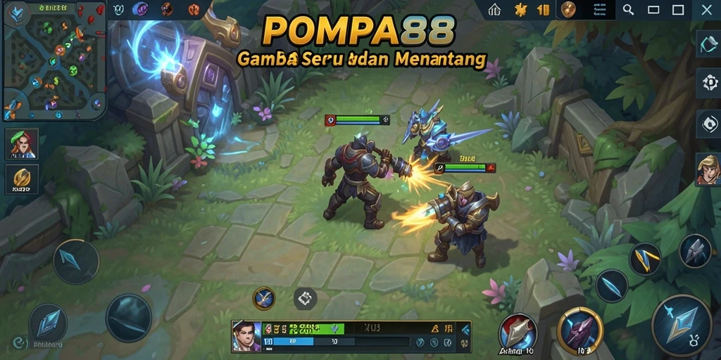 Tangkapan layar utama POMPA88 menunjukkan karakter beraksi dalam pertarungan MOBA.